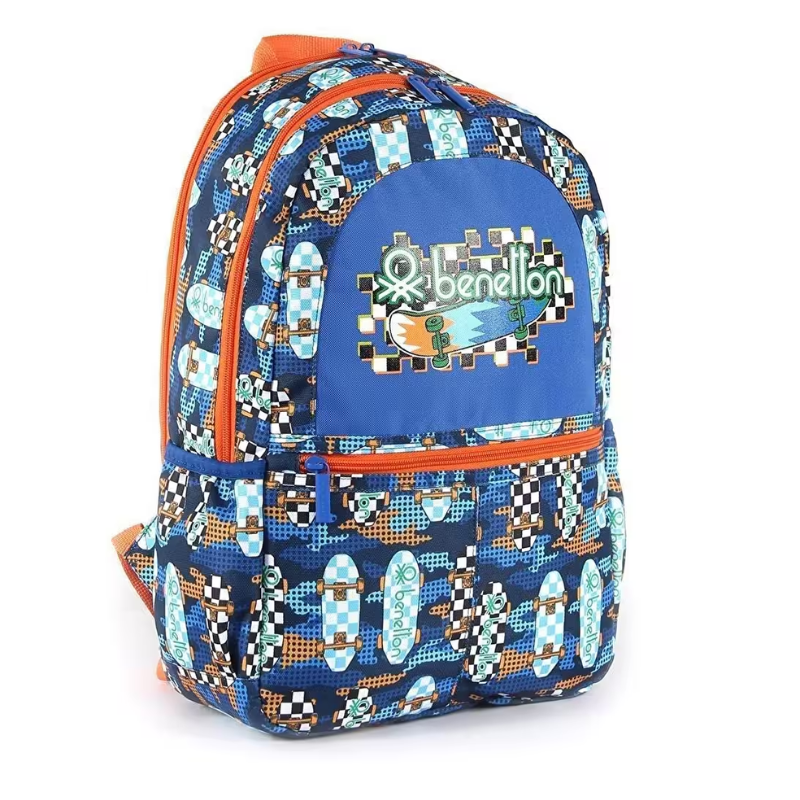 United Colors Of Benetton Çift Bölmeli Kaykay Desenli Mavi Sırt Çantası 03693