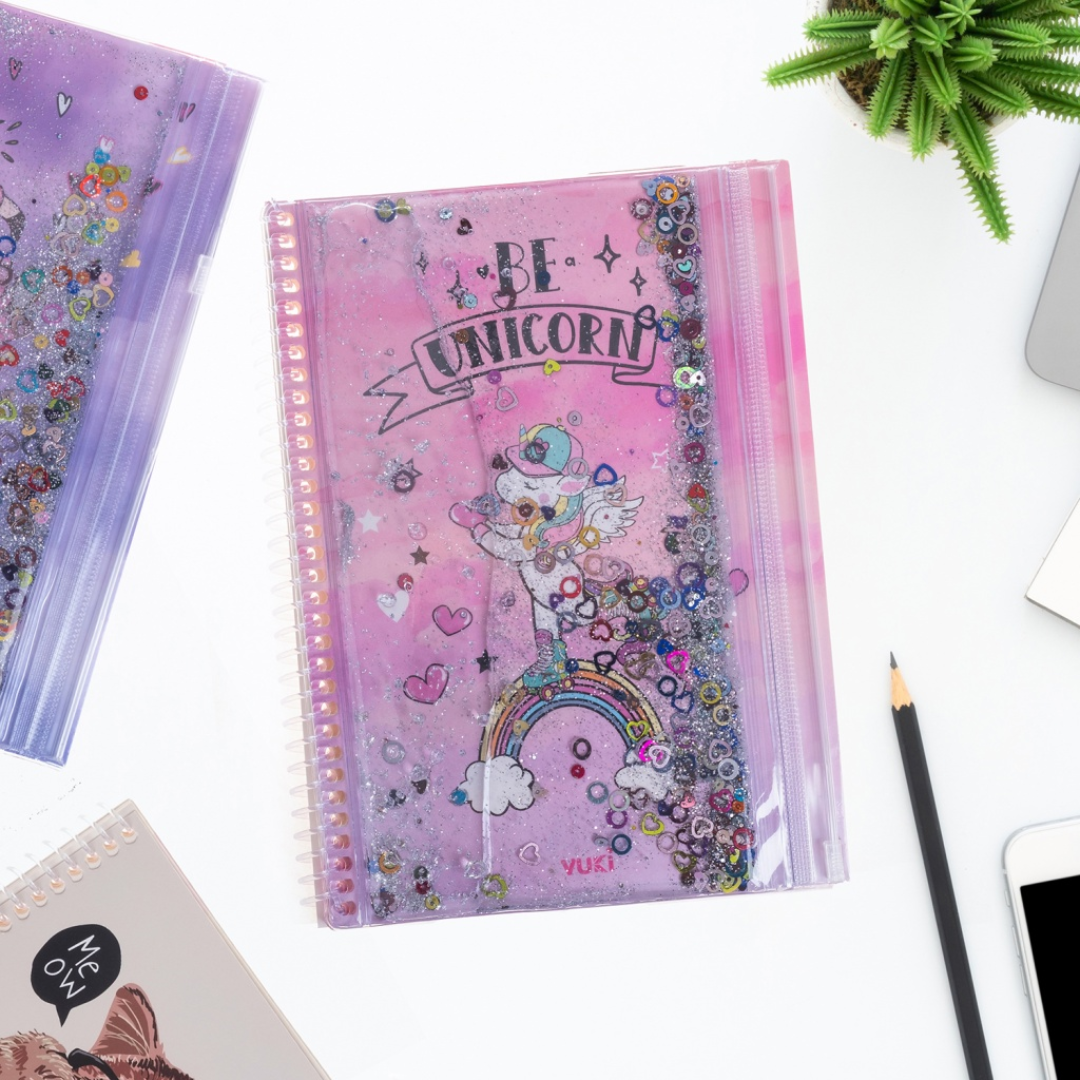 Vukito Unicorn Desenli Simli ve Sulu Kapaklı Kalem Kutulu A5 Defter