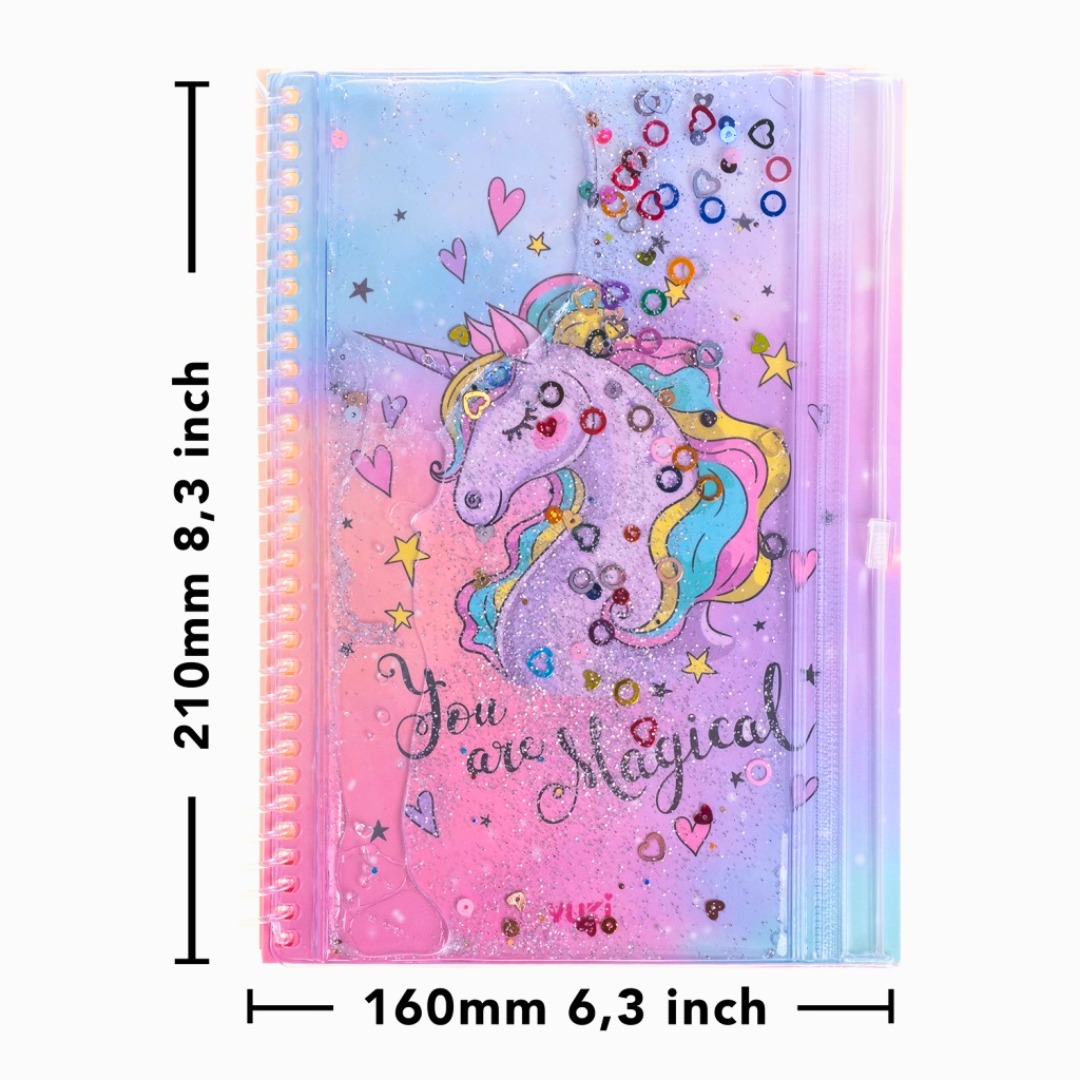 Vukito Unicorn Desenli Simli ve Sulu Kapaklı Kalem Kutulu A5 Defter