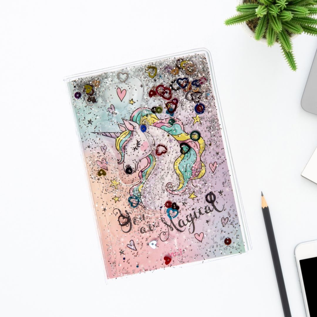Vukito Unicorn Desenli Simli ve Sulu Kapaklı Renkli Sayfalı Mini Defter