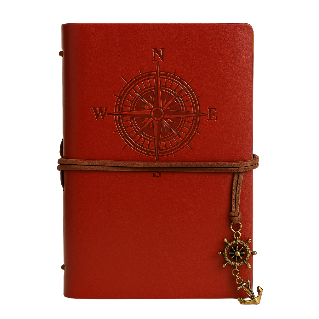 Vintage Deri Kapaklı Pusula Desenli Defter Kırmızı