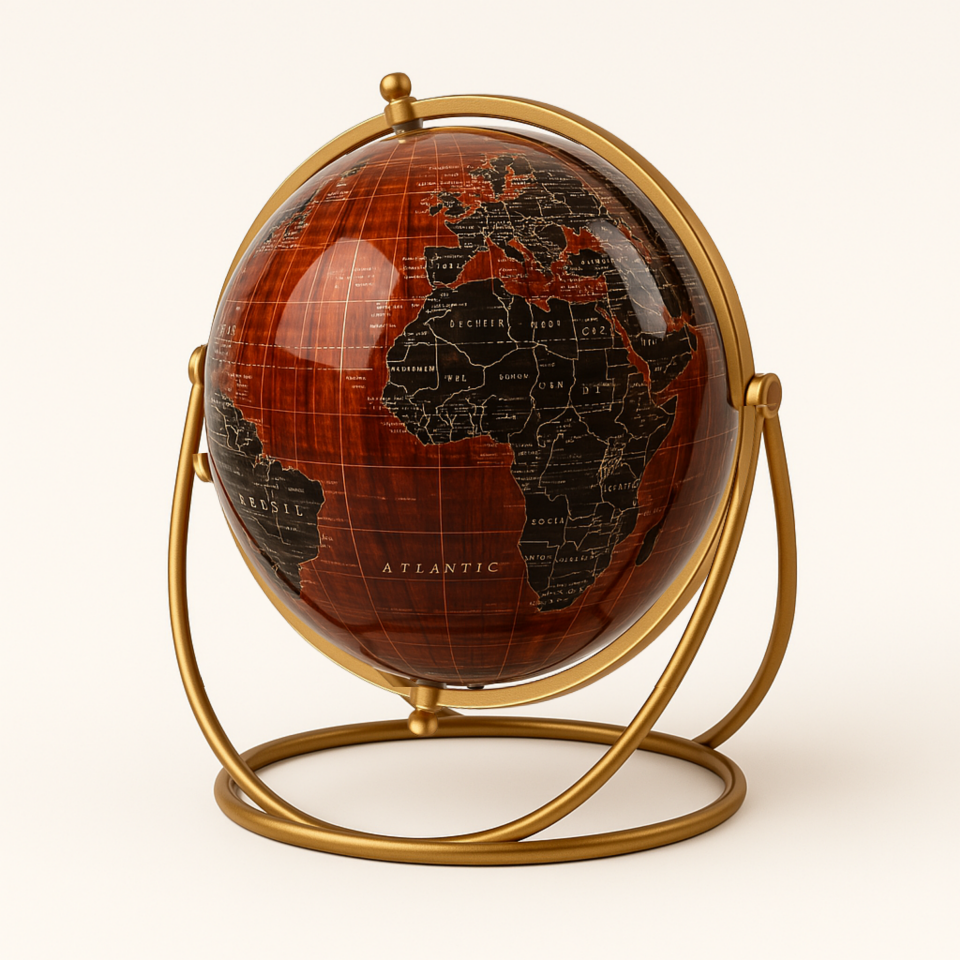 Lüks Siyah-Ahşap Renk Dünya Küresi - Altın Standlı Masa Üstü Dekor