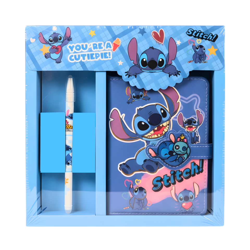 Stitch Temalı Gift Set – Kapaklı Not Defteri + Yumurtlayan Sürpriz Kalem
