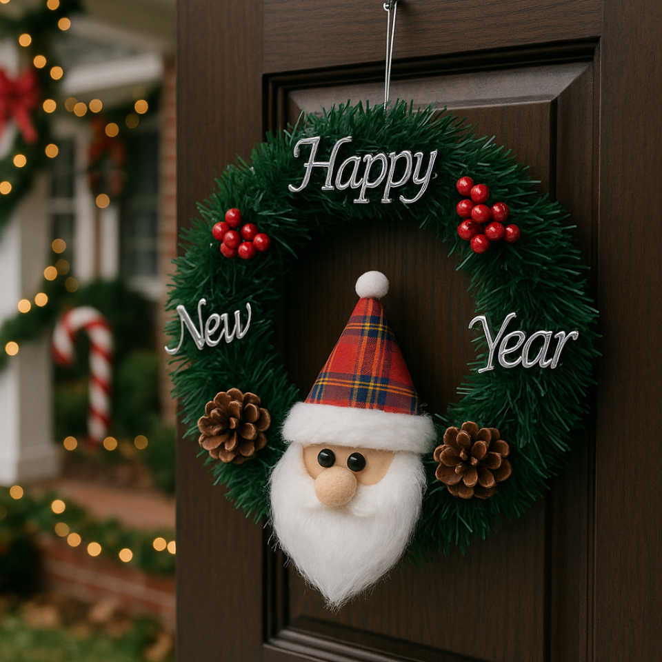 Happy New Year Kapı Süsü – 24x24 cm Şık Yılbaşı Çelengi Noel Baba & Melek Figürlü