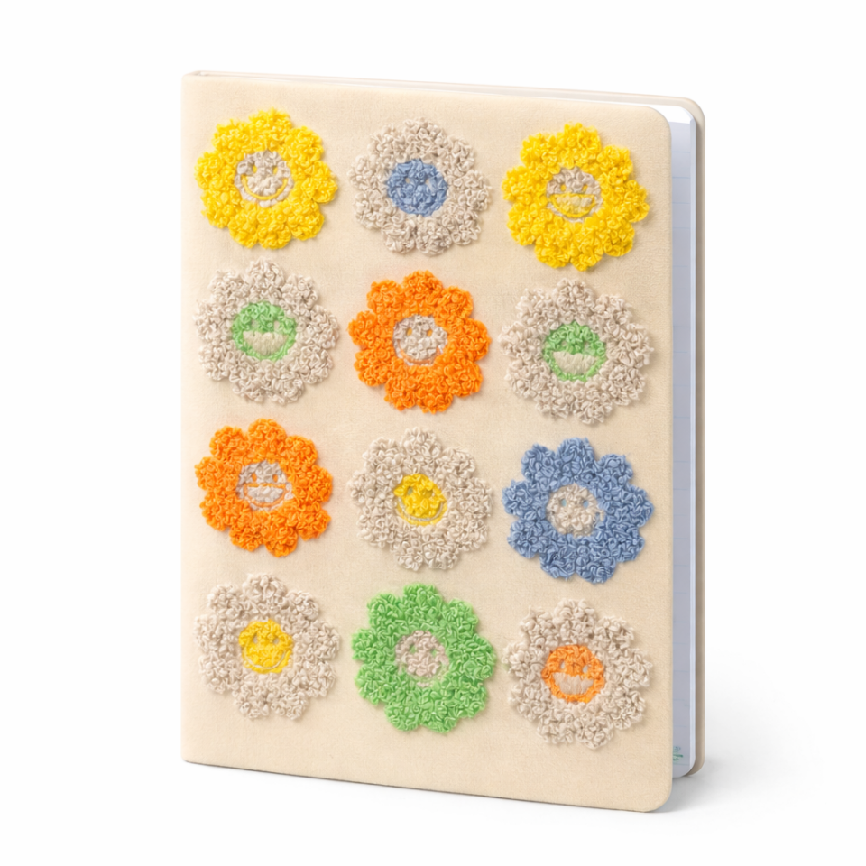 Yumuşak Kapak Çiçek Desenli A5 80 Yaprak Defter | Çizgili Nakışlı Defter