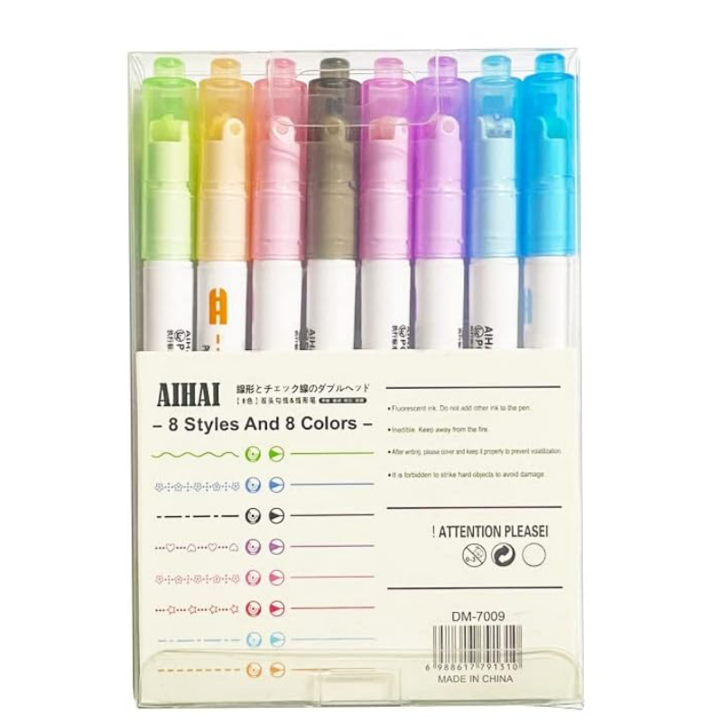 Vukito Şekilli Çift Uçlu Fineliner & Desenli Silindir Kalem Seti 8'Li