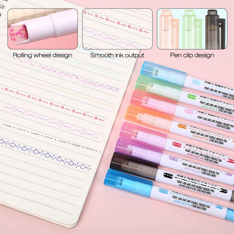 Vukito Şekilli Çift Uçlu Fineliner & Desenli Silindir Kalem Seti 8'Li