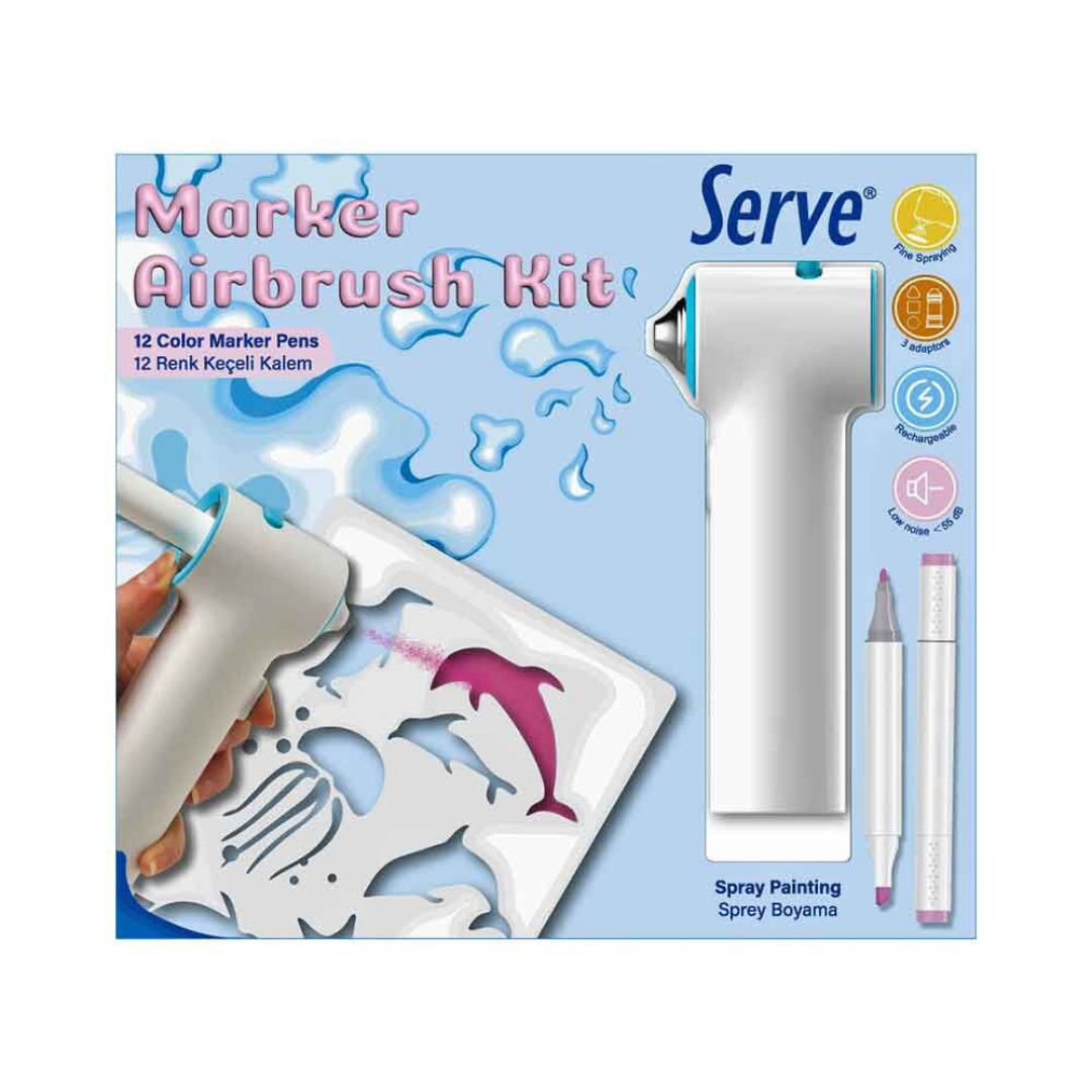 Serve Airbrush Kit – 12 Renk Su Bazlı Keçeli Kalem + Airbrush Cihazı
