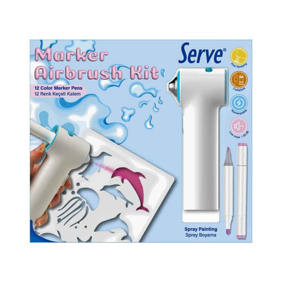 Serve Airbrush Kit – 12 Renk Su Bazlı Keçeli Kalem + Airbrush Cihazı