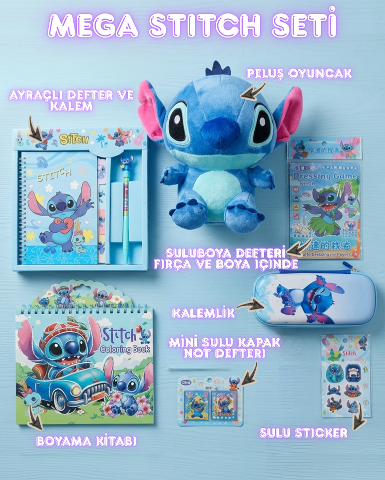 Mega Stitch Hediye Seti | Peluş Oyuncak + Kırtasiye Seti