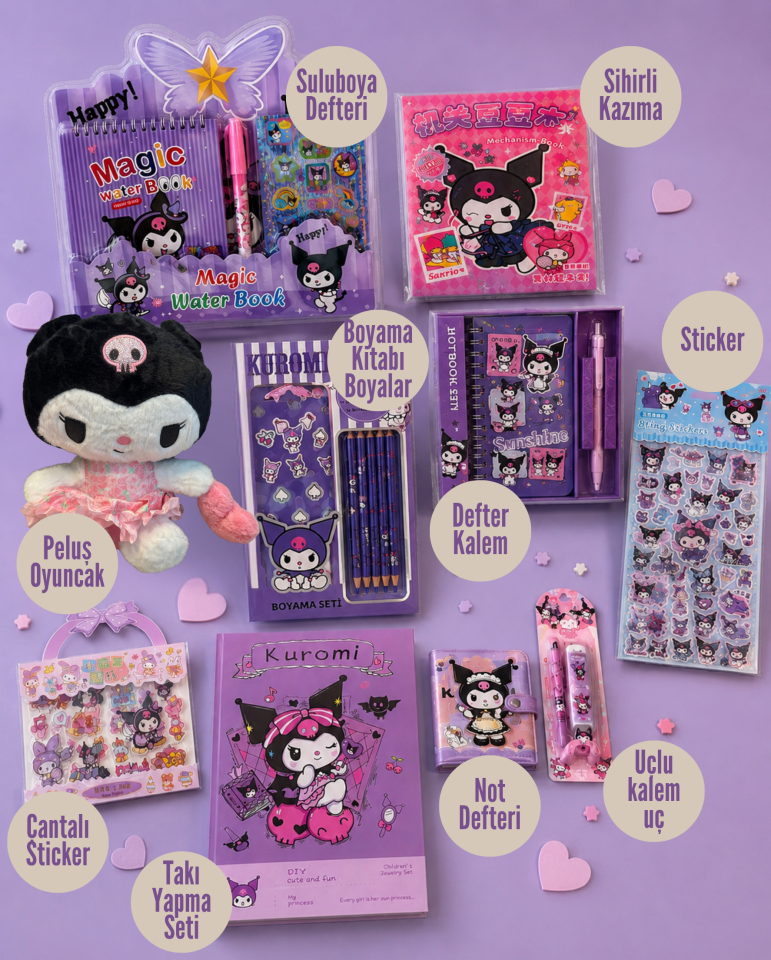 Mega Kuromi Hediye Seti | Peluş Oyuncak ve Kırtasiye Seti 10 Parça